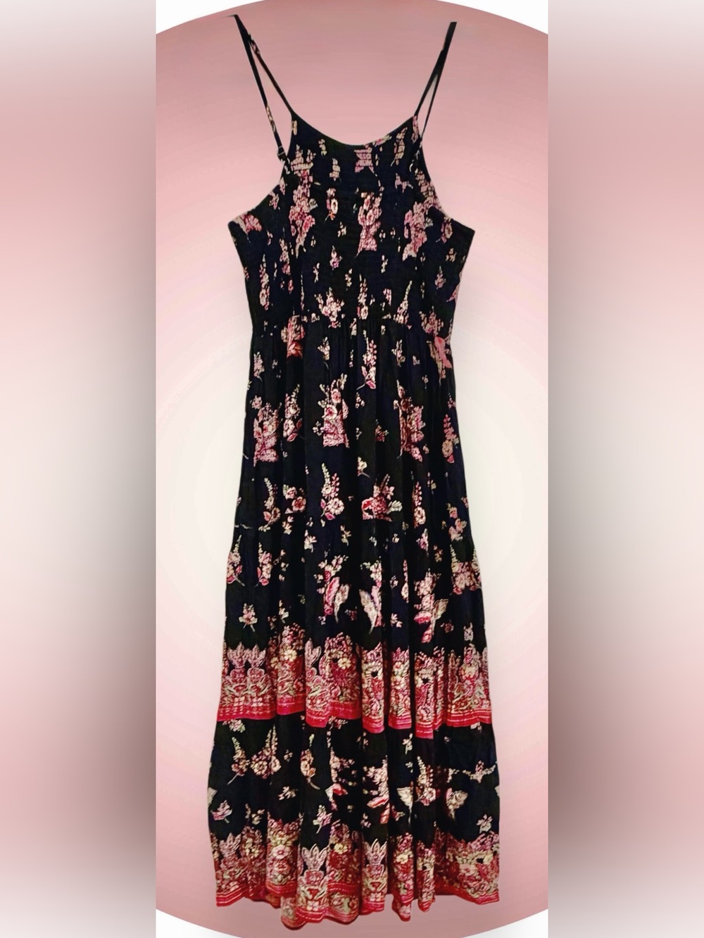 Angie Black Maxi Dress with Pink Floral and Red Border Juniors size Large - Picture 2 of 7